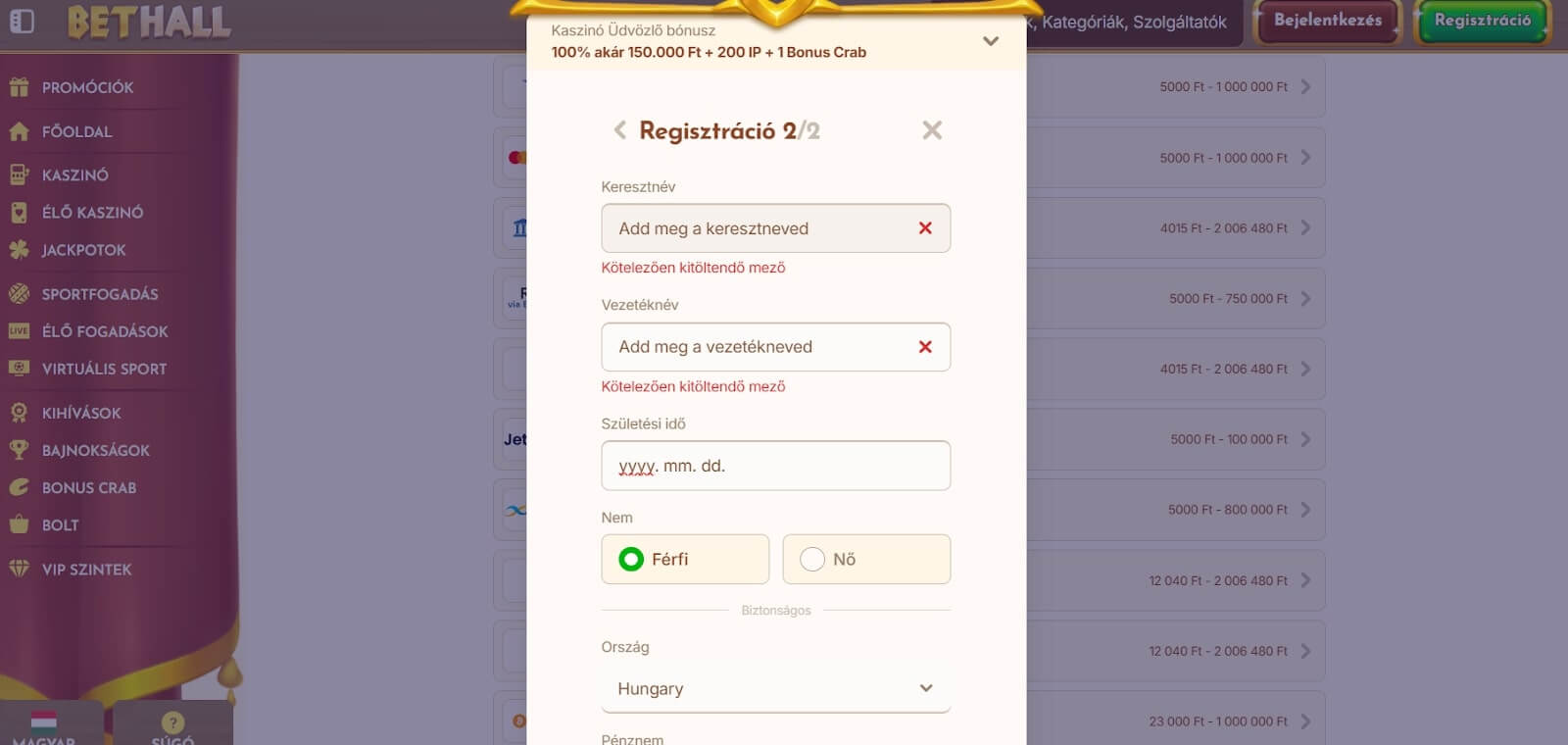 BetHall regisztráció lépései