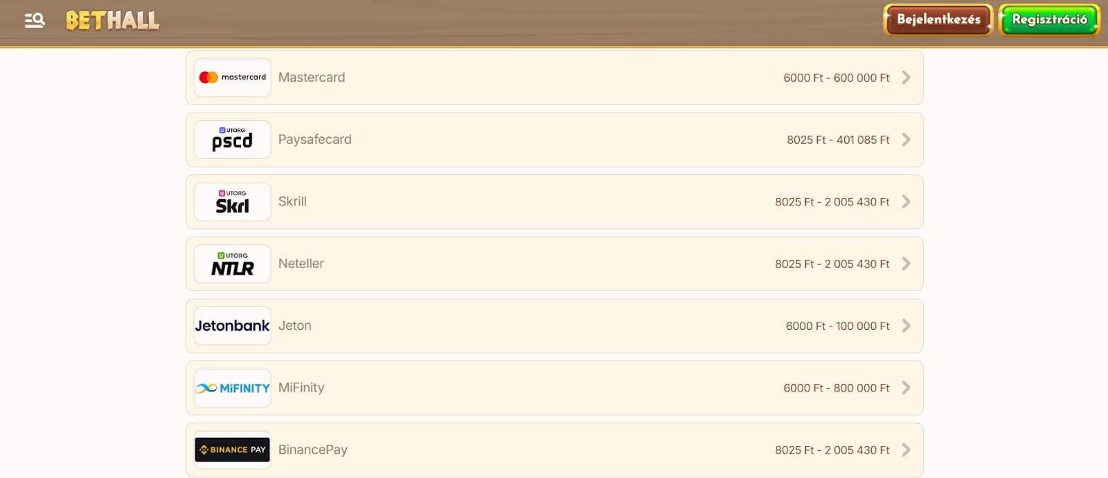 Bethall Kaszinó online tranzakciók