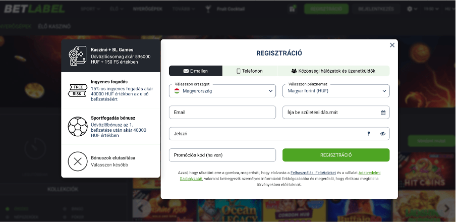 regisztráció a Betlabel kaszinó e-mailben