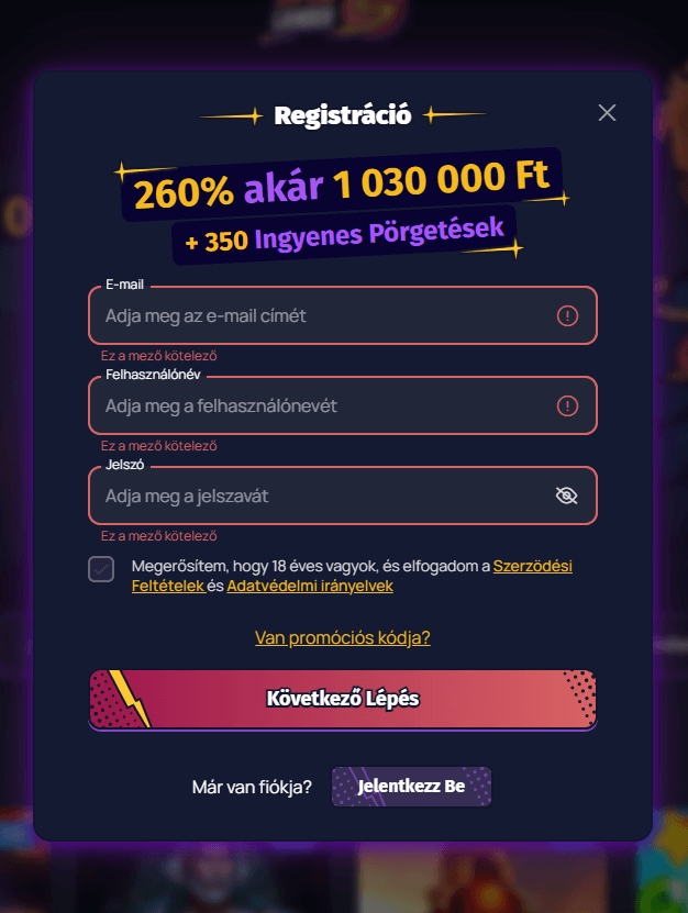 spinlander regisztráció 1 lépés