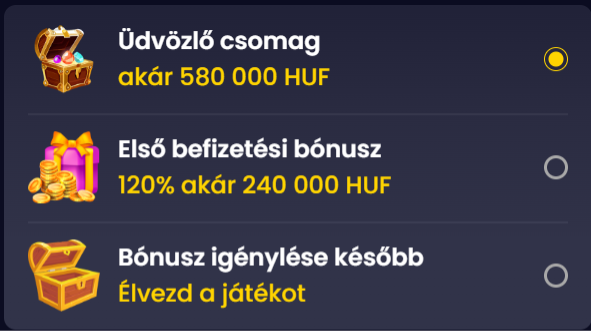 üdvözlő bónuszok választéka a Slotsgem regisztrációkor