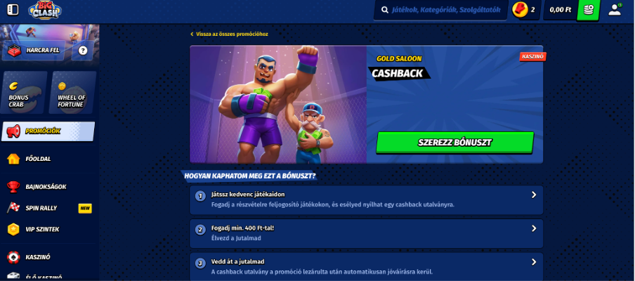 Gold Saloon Cashback bónusz a BigClash Kaszinóban – akár 200 000 Ft visszatérítés