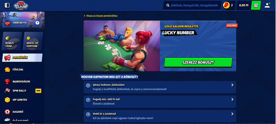 Lucky Number ajánlat a BigClash Kaszinóban – akár 4 000 Ft extra nyeremény fogadásonként