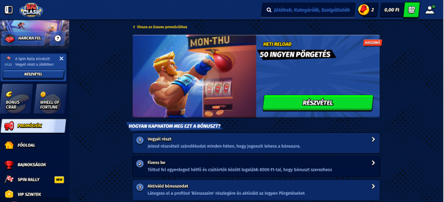 A heti újratöltési ajánlat 50 ingyenes pörgetést ad minimum 8 000 Ft befizetés után. 