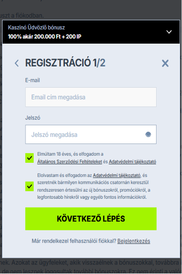 E-mail-cím és jelszó megadása a Zoccer Kaszinó regisztrációhoz